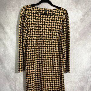 Ann Taylor Factory Houndstooth Dress Long Sleeve Gold Black Size Medium